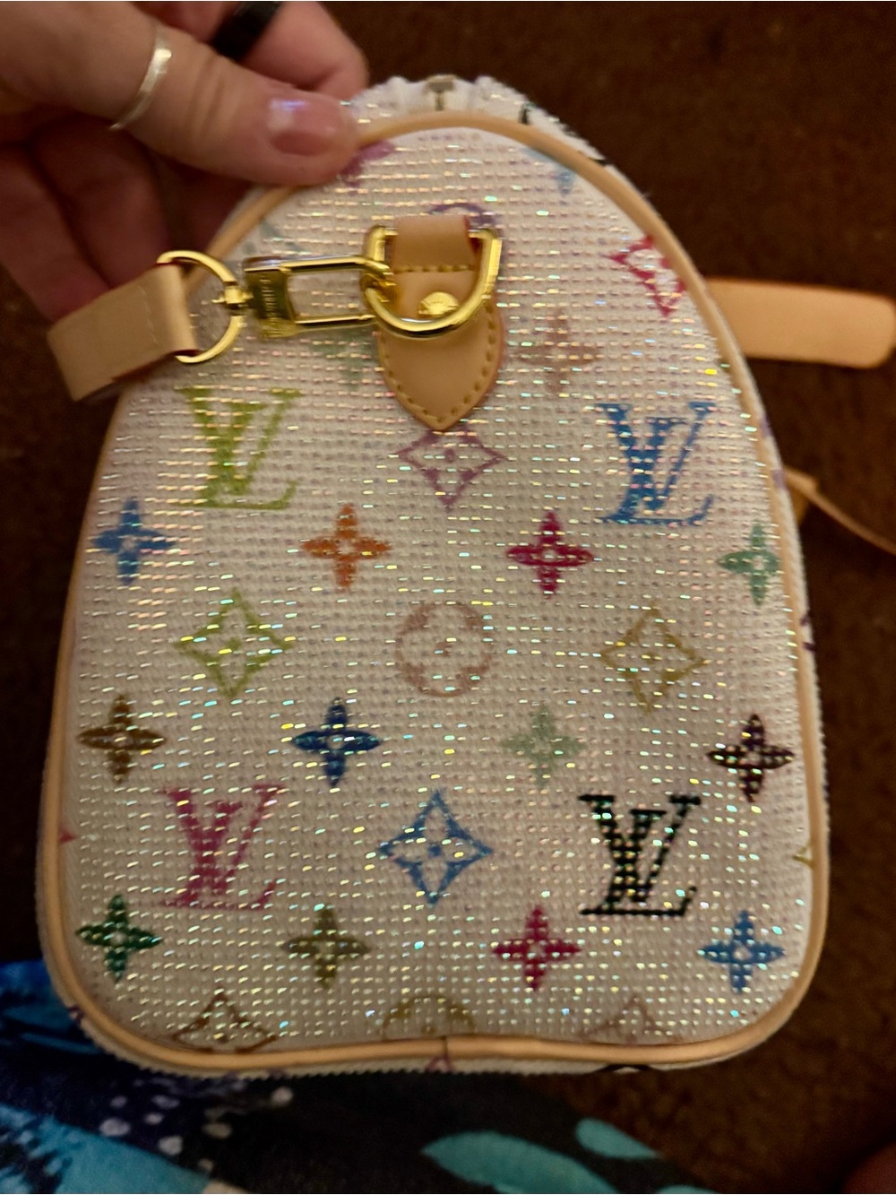 White Multicolor Canvas Satchel with Natural Leather Handles - Picture 4 of 11